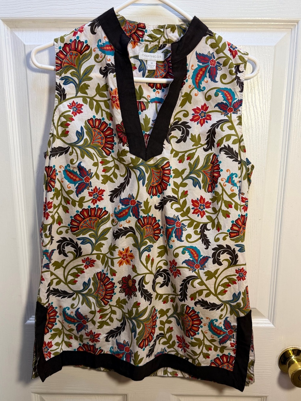Charter Club Sleeveless Floral Print V-Neck Tunic - Cream/Multi 100% Cotton
